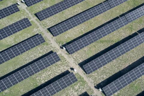 Luftaufnahme von Solarpaneelen in einem Solarpark
