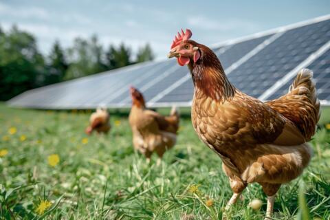 Chickens on a meadow in front of solar panels