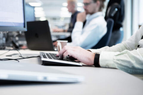 Mehrere Menschen, die im Büro an ihren Computern sitzen.