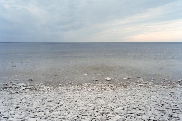 Ufer mit einem Steinstrand.