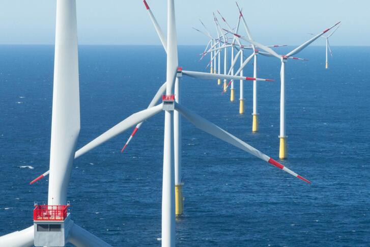 Offshore Windpark mit vielen aneinandergereihten Windrädern.