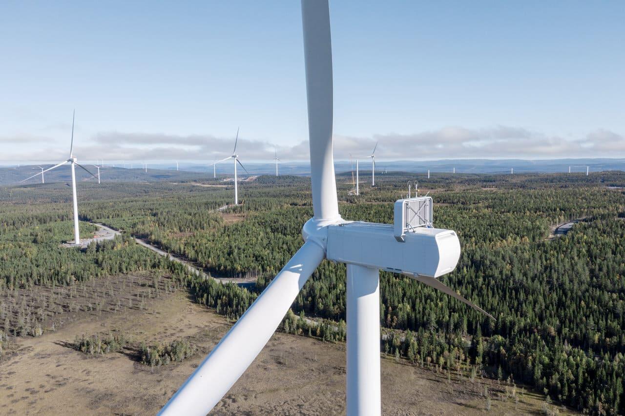Im Vordergrund steht ein Windrad, dahinter ein großer Wald mit weiteren Windrädern.